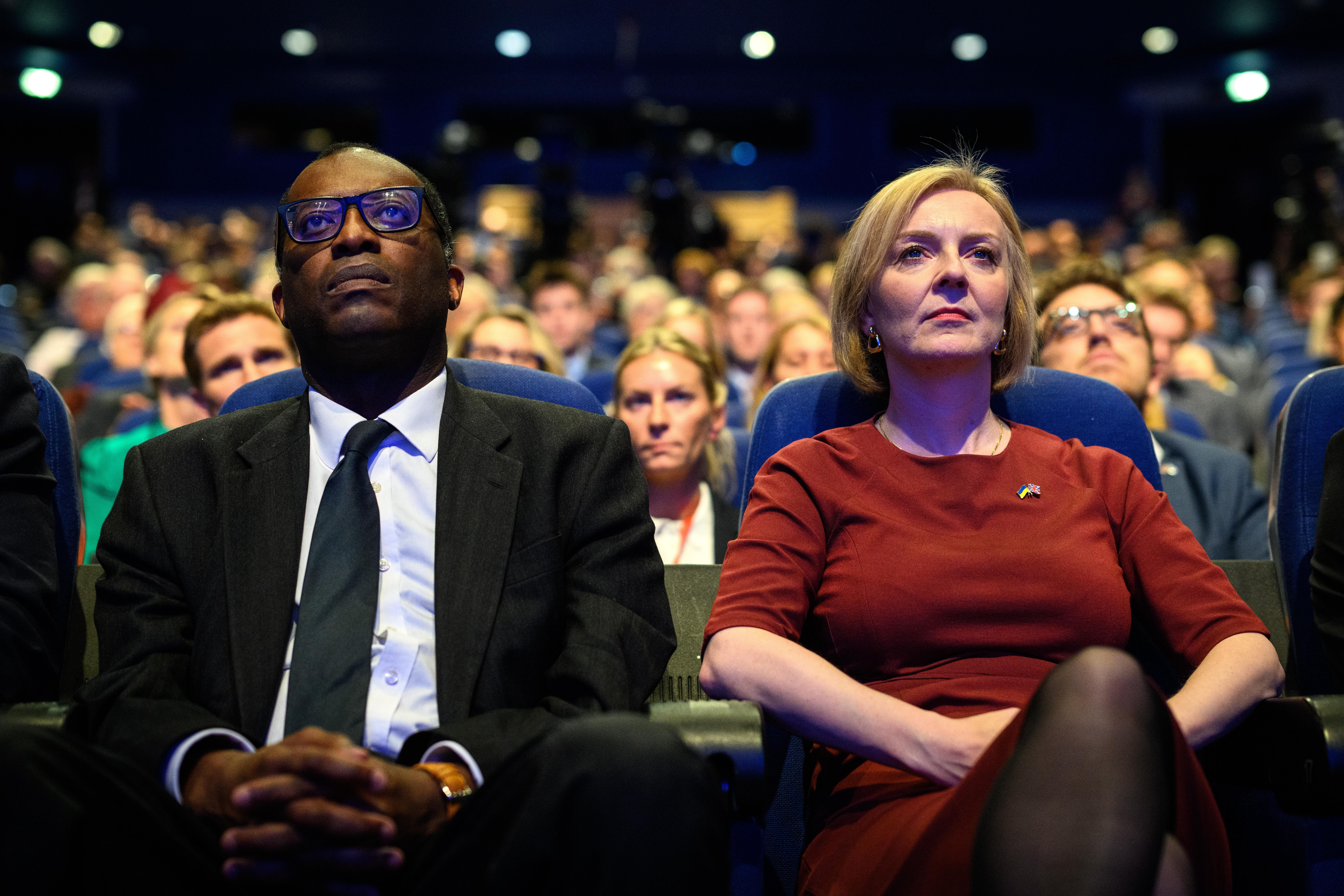 British Prime Minister Liz Truss and Chancellor of the Exchequer Kwasi Kwarteng attend the annual Conservative Party conference on October 2, 2022 in Birmingham, England.