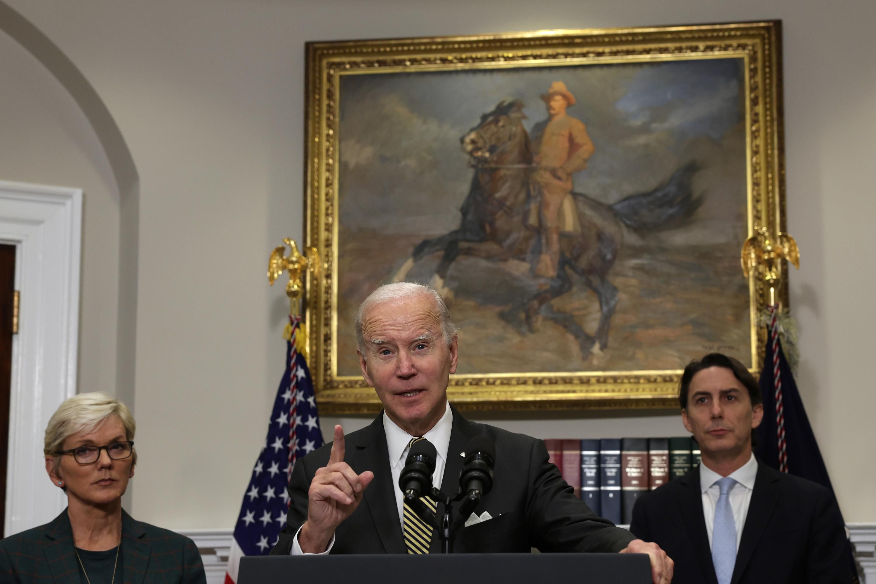 President Joe Biden delivers a speech at the White House