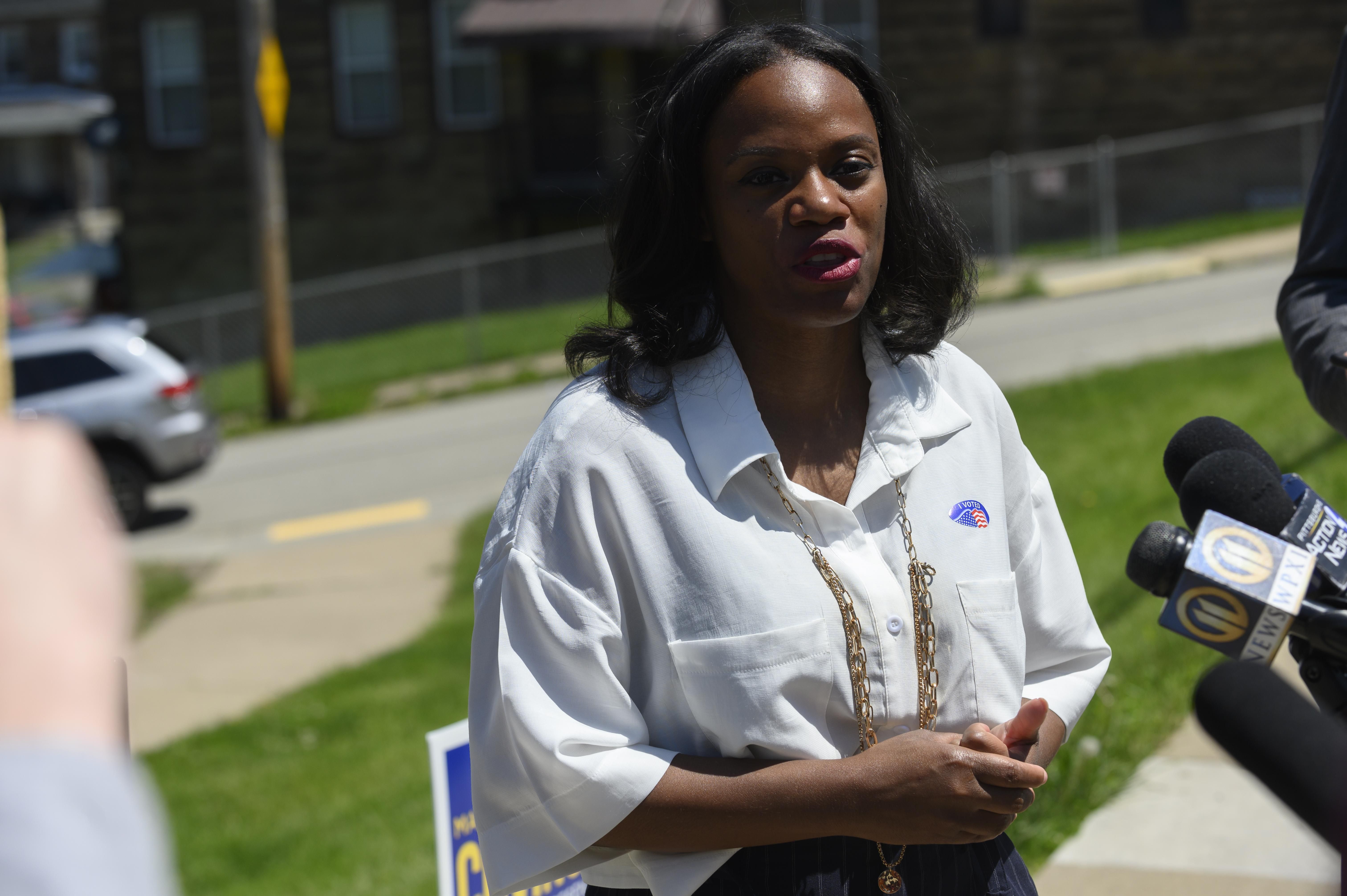 Pennsylvania Democratic congressional candidate Summer Lee talks to the press outside of a polling station on May 17, 2022 in Pittsburgh.
