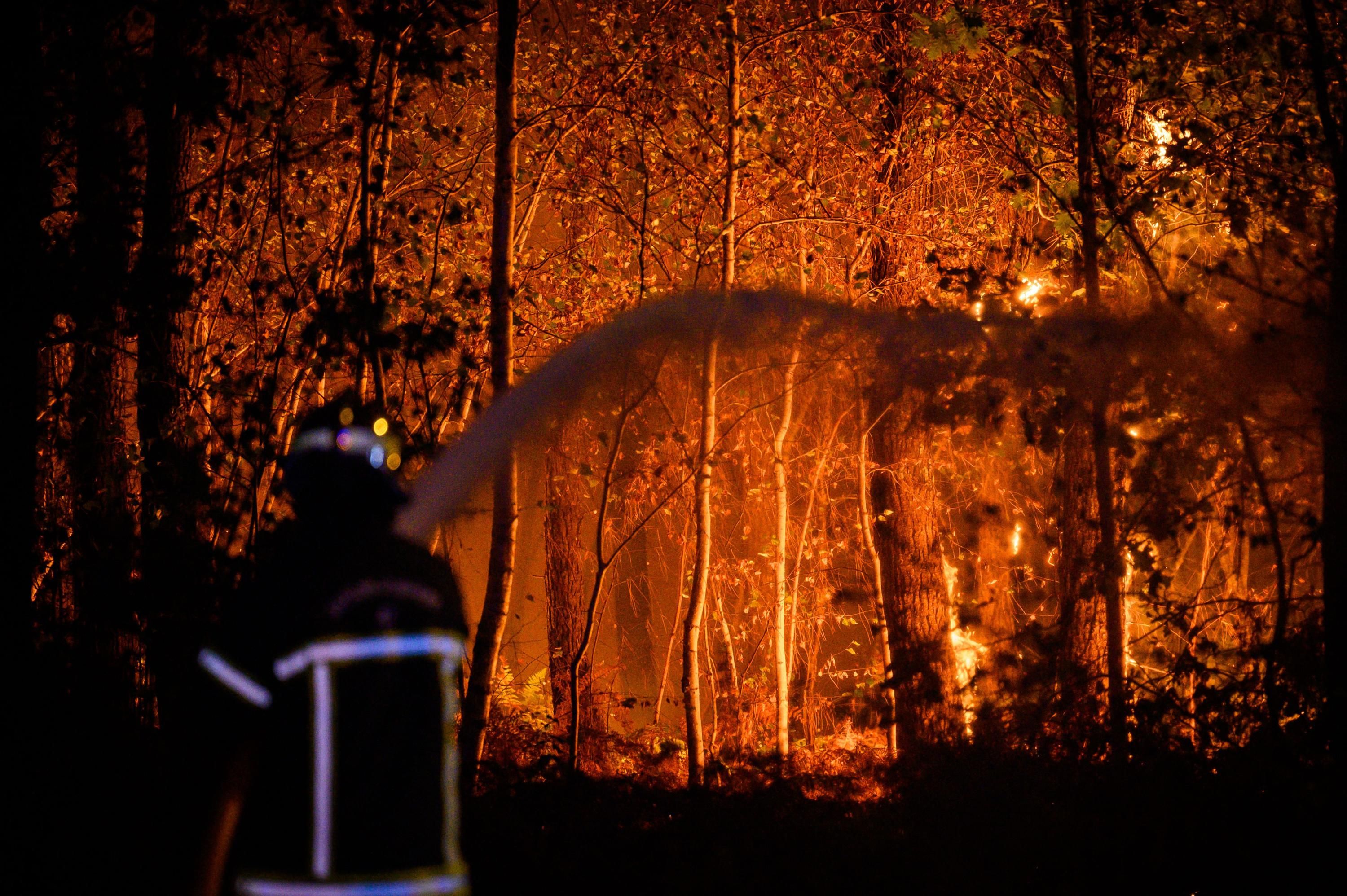 A firefighter combats a wildfire in France