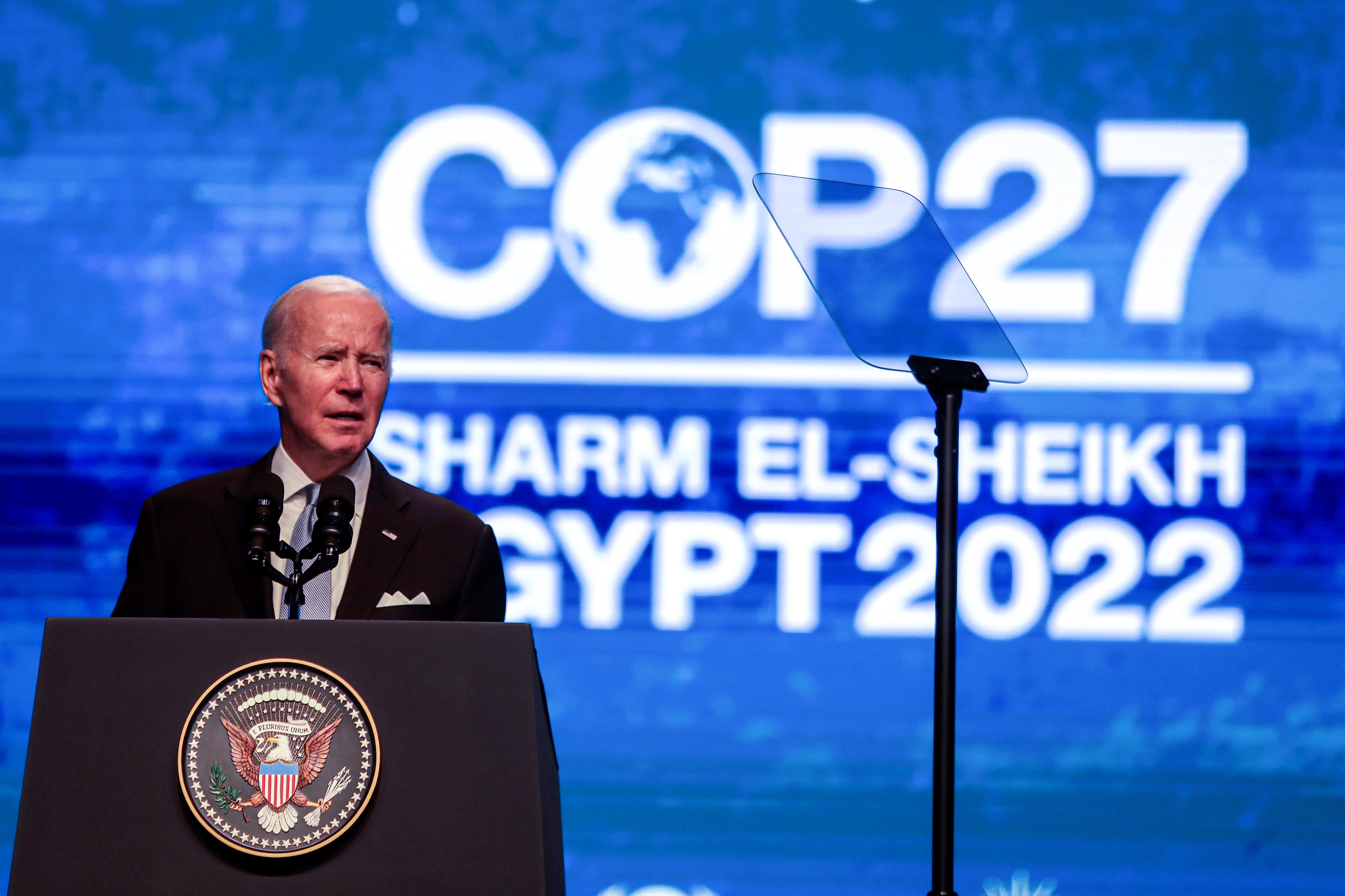 U.S. President Joe Biden delivers a speech during the 2022 United Nations Climate Change Conference in Sharm El-Sheikh, Egypt on November 11, 2022.
