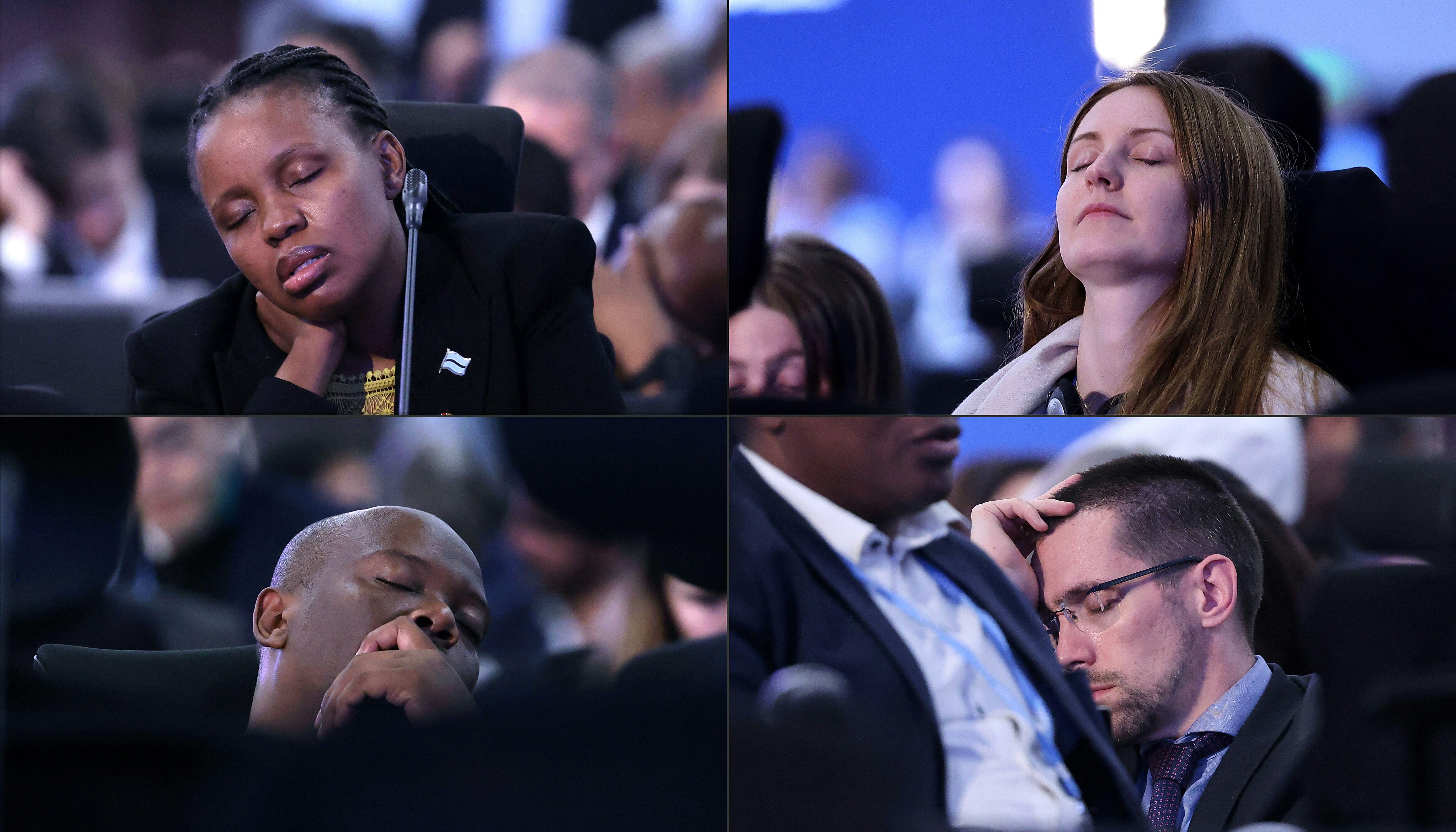 This combination of photos shows participants snoozing during the closing session of the COP27 climate conference in Sharm El-Sheikh on November 20, 2022.