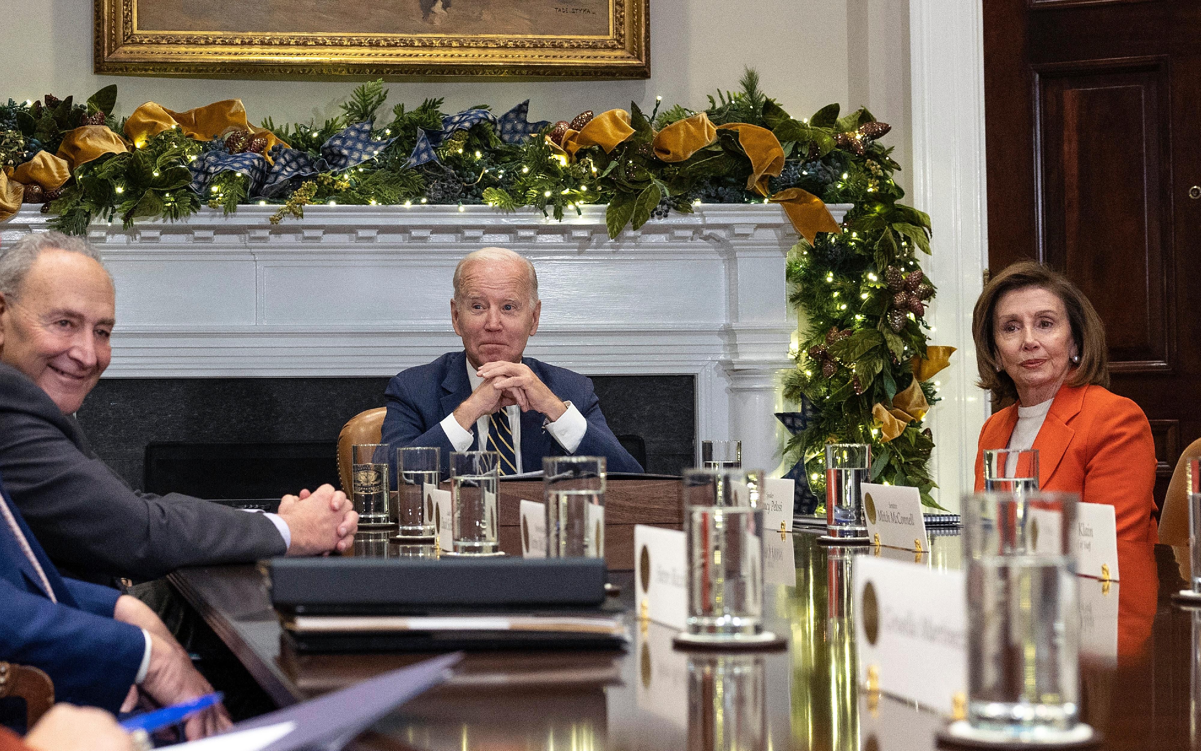 Senate Majority Leader Chuck Schumer, President Joe Biden, and House Speaker Nancy Pelosi meet at the White House