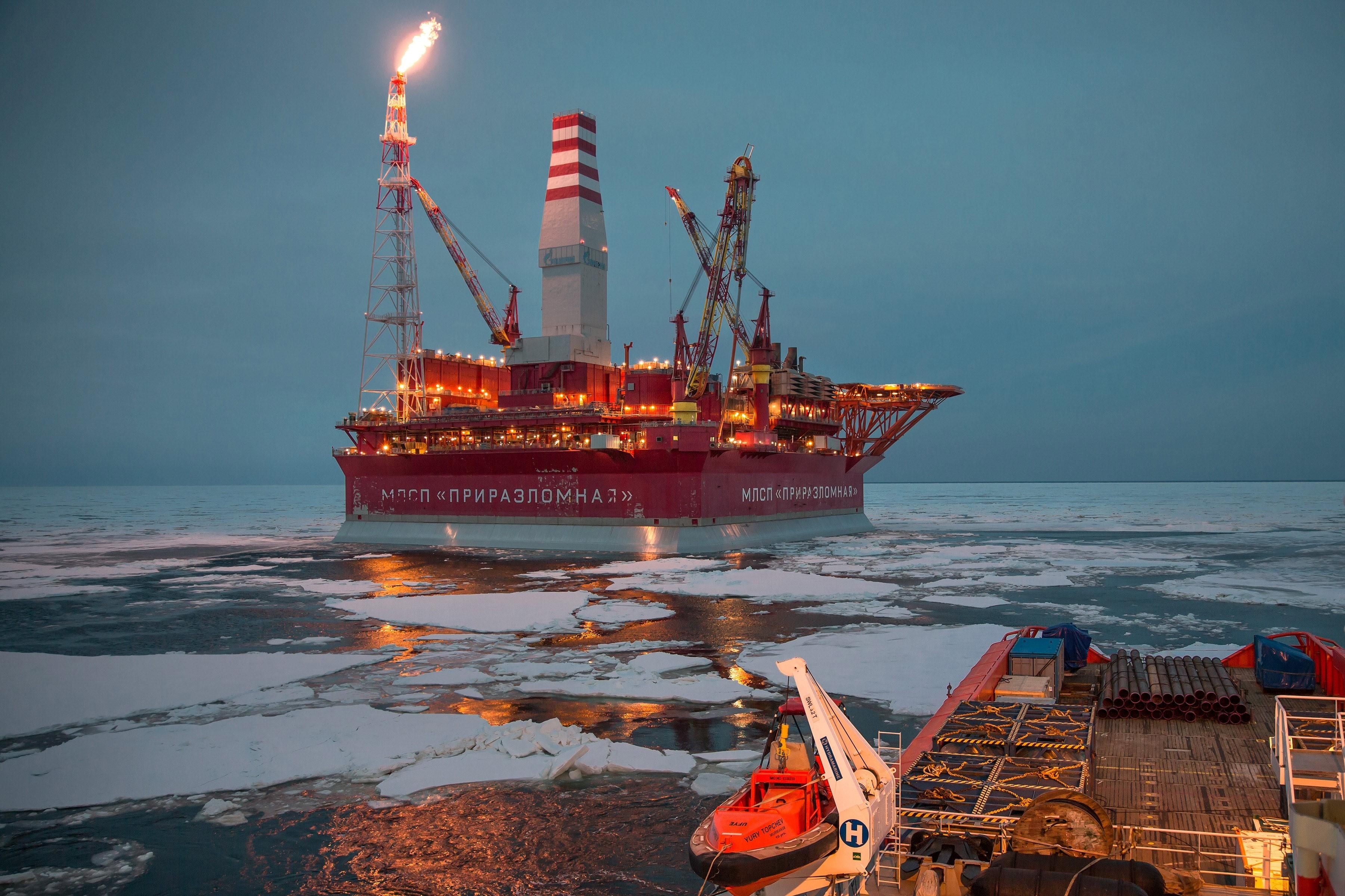 The Prirazlomnaya offshore ice-resistant oil rig is seen in the Pechora Sea, part of Russia's Arctic territory, on May 8, 2016.