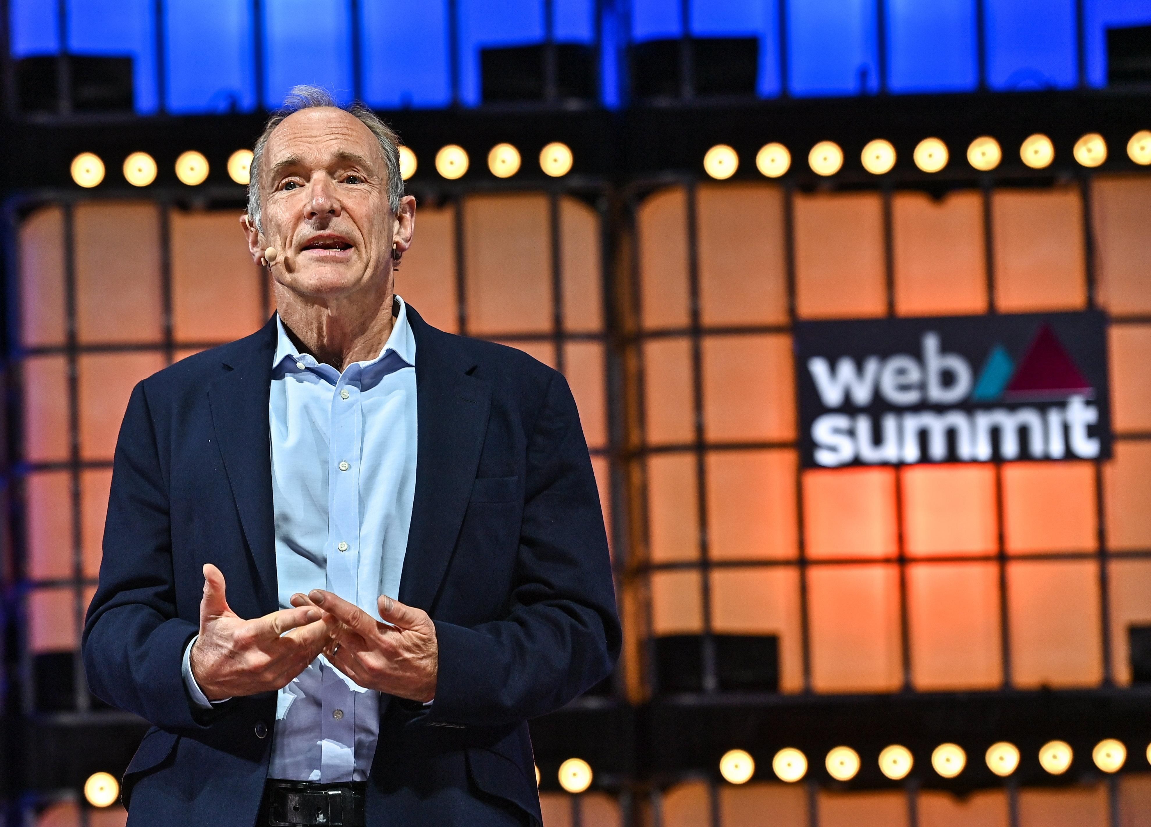 World Wide Web inventor Tim Berners-Lee, now the CTO of Inrupt, speaks at Web Summit 2022 in Lisbon on November 4, 2022.