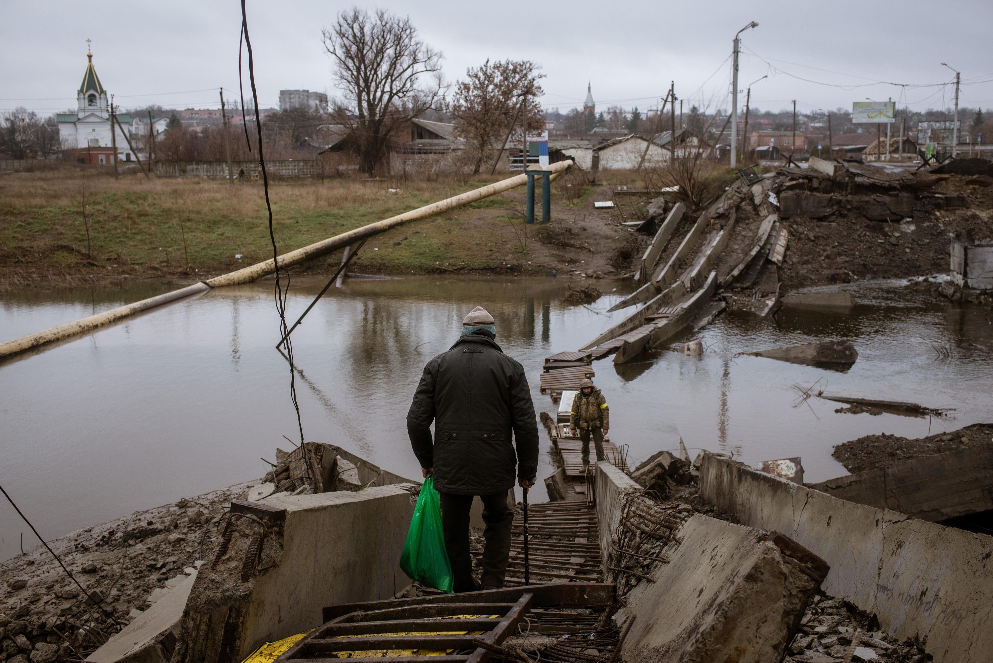 A Ukrainian civilian is pictured in Bakhmut