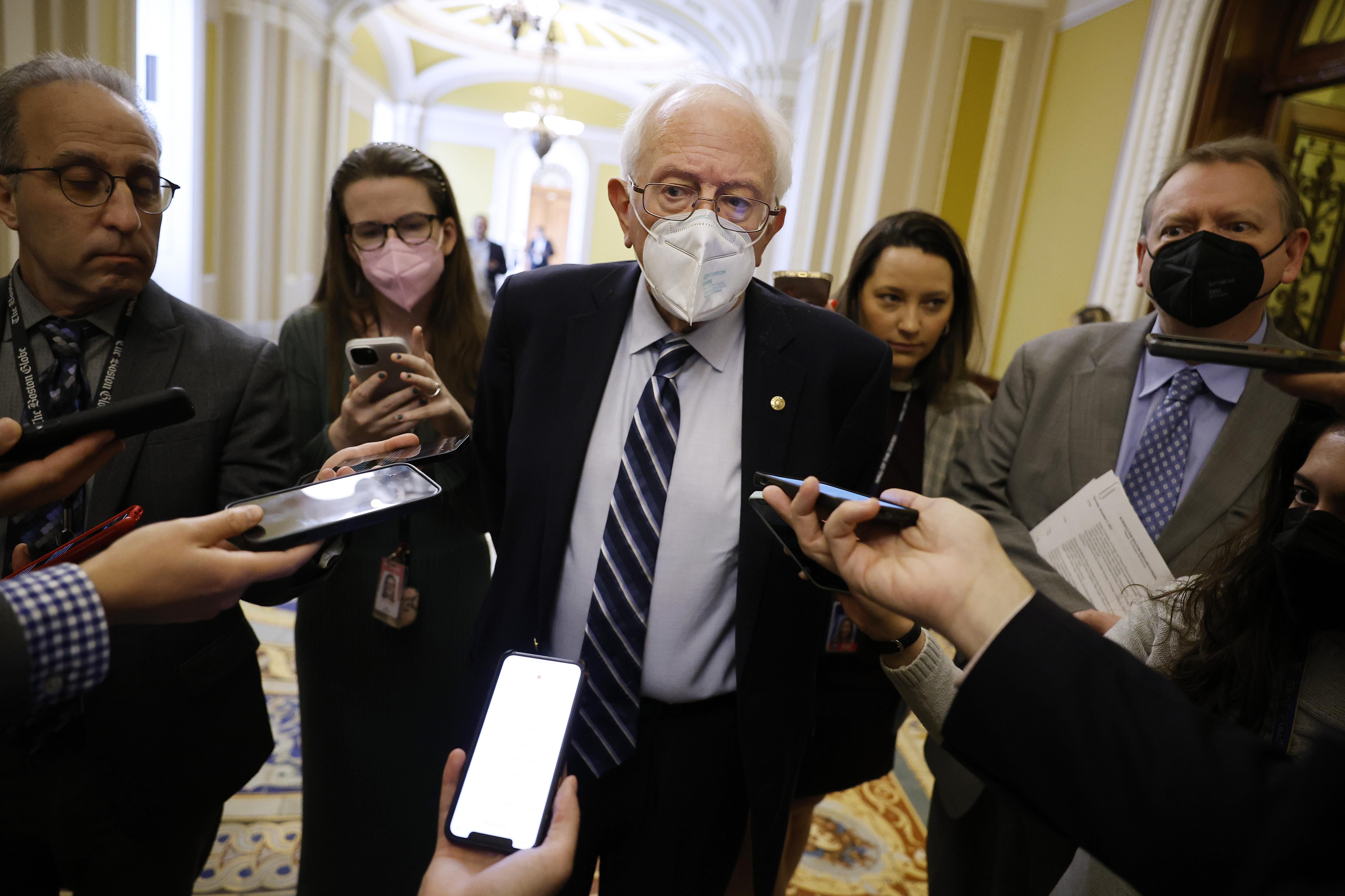 Sen. Bernie Sanders (I-Vt.) talks to reporters in the U.S. Capitol on December 1, 2022 in Washington, D.C.