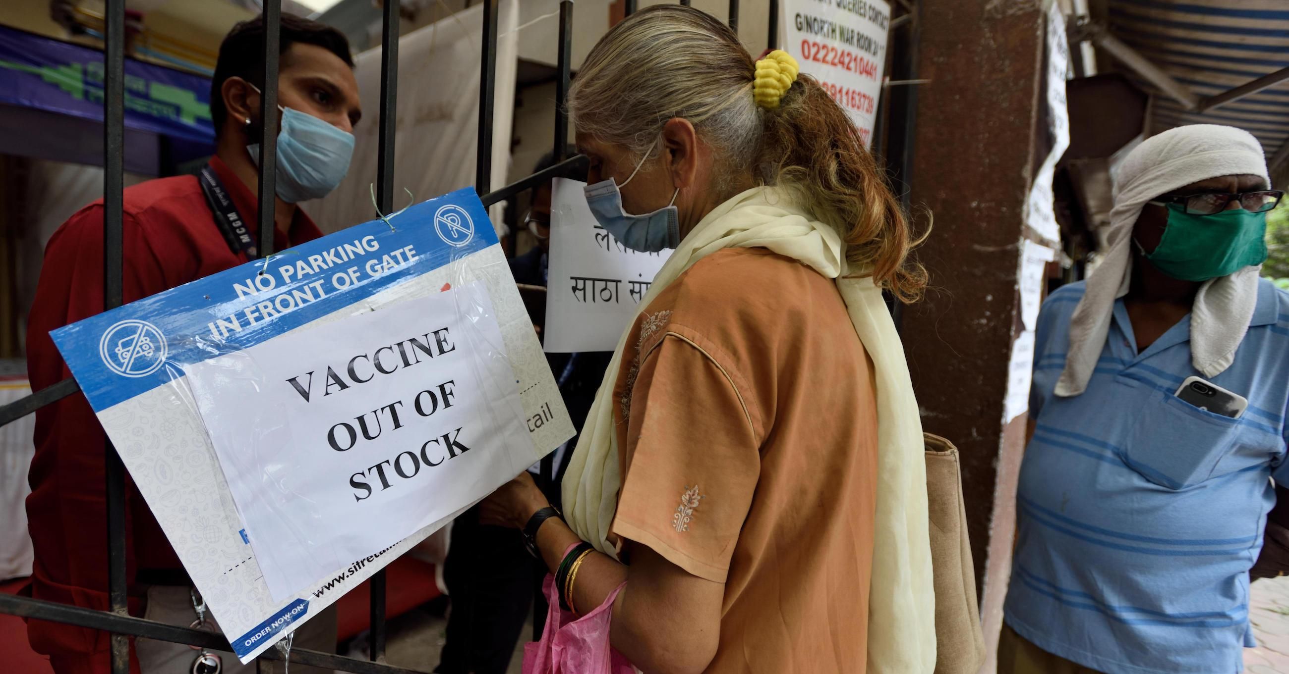A public notice hangs outside a vaccination center notifying a shortage of vaccines in the Mahim neighborhood of Mumbai, India on April 8, 2021. (Photo: Satish Bate/Hindustan Times via Getty Images)