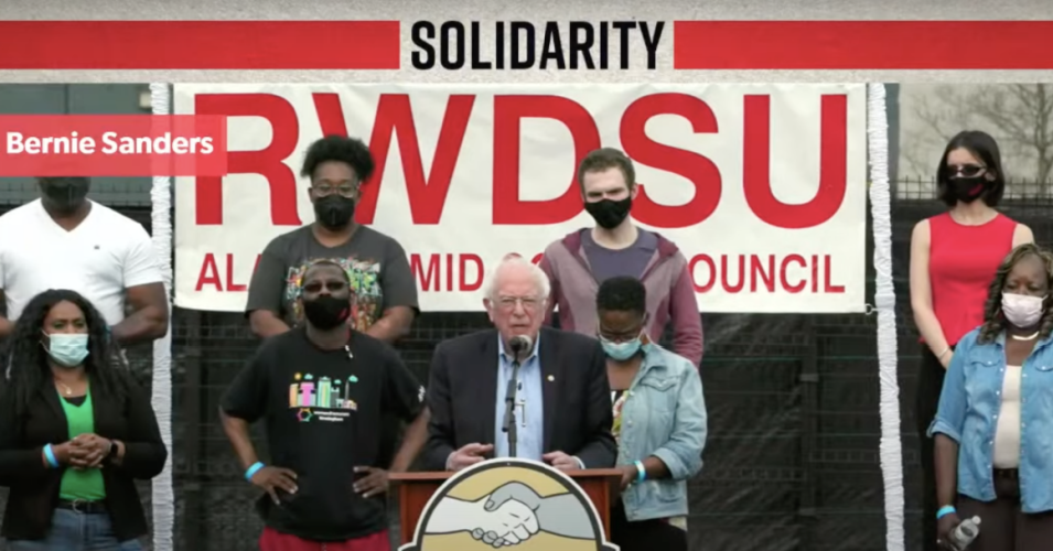 Sen. Bernie Sanders traveled to Birmingham, Alabama to support Amazon warehouse workers trying to unionize. (Photo: Bernie Sanders/YouTube/screen grab) 