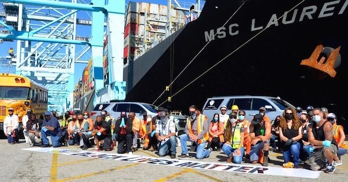 Workers at APM Terminals on Pier 400 in the Port of Los Angeles were among International Longshore and Warehouse members paying tribute to George Floyd Tuesday, June 9, on the day he was laid to rest.