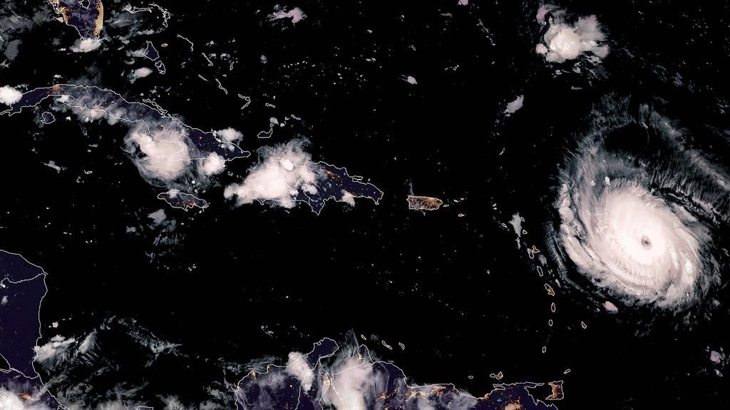 The National Oceanic and Atmospheric Administration is tracking Hurricane Irma, shown here approaching the Caribbean Islands in an infrared satellite image taken Monday night.