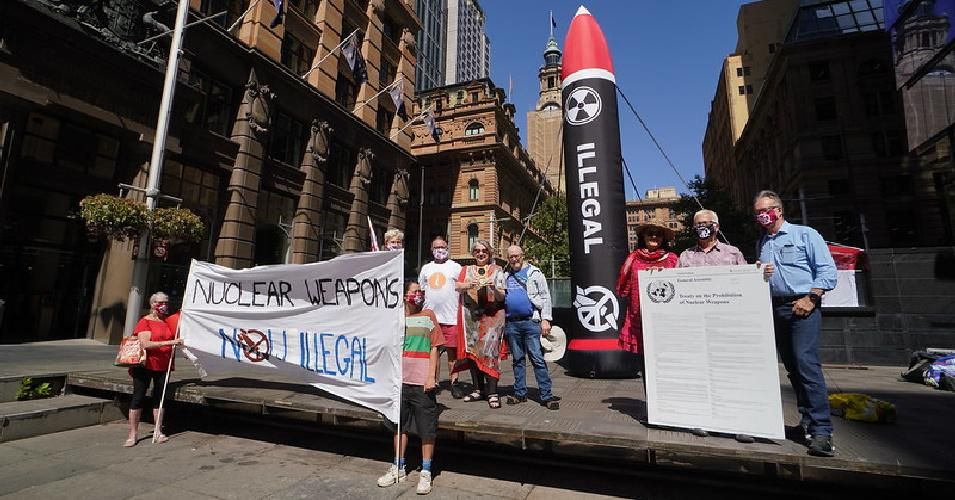 Members of the International Campaign to Abolish Nuclear Weapons protest in Sydney, Australia on January 22, 2021. (Photo: Michelle Haywood/ICAN)