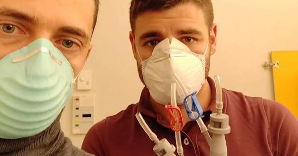 Cristian Fracassi and Alessandro Ramaioli with templates they used to 3-D print life-saving valves for ventilators to help those stricken with severe coronavirus complications.