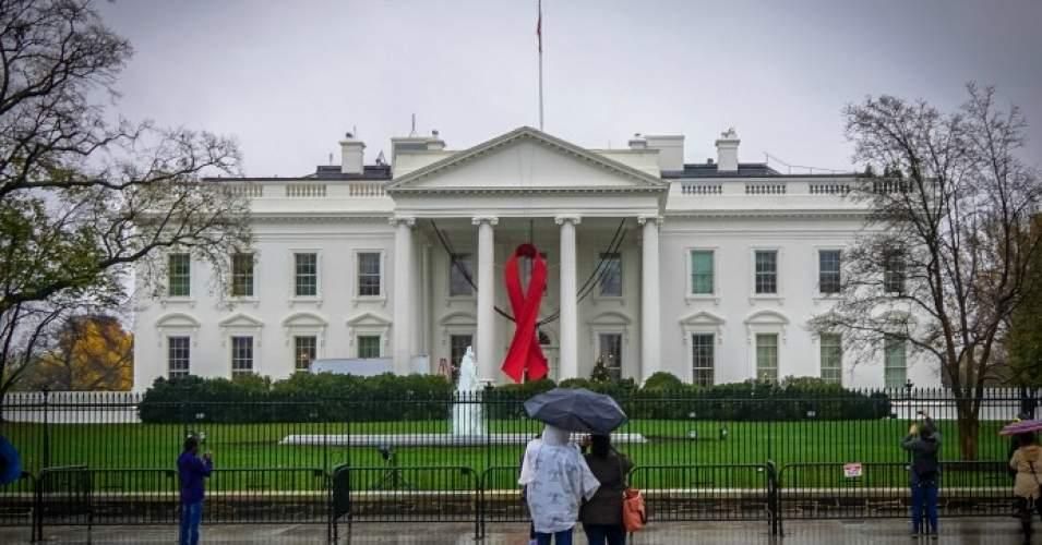 The White House was adorned with a red ribbon 