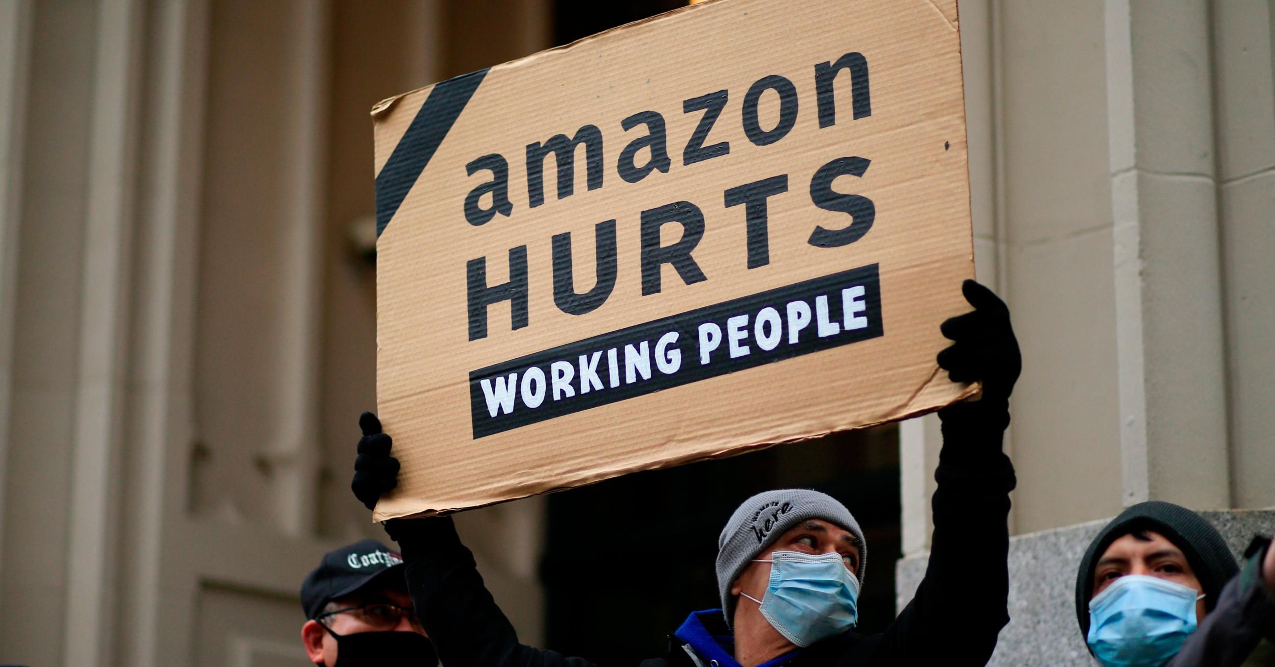 Amazon workers and community allies demonstrate during a protest in Manhattan