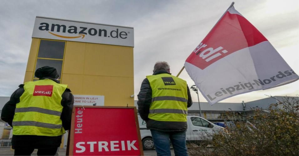 Amazon workers in Germany are striking Tuesday and Wednesday for better pay, safer working conditions, and the right to organize free from the e-commerce company's pervasive surveillance and harassment. (Photo: Twitter screengrab).