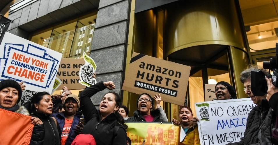 People opposed to Amazon's plan to locate a headquarters in New York City