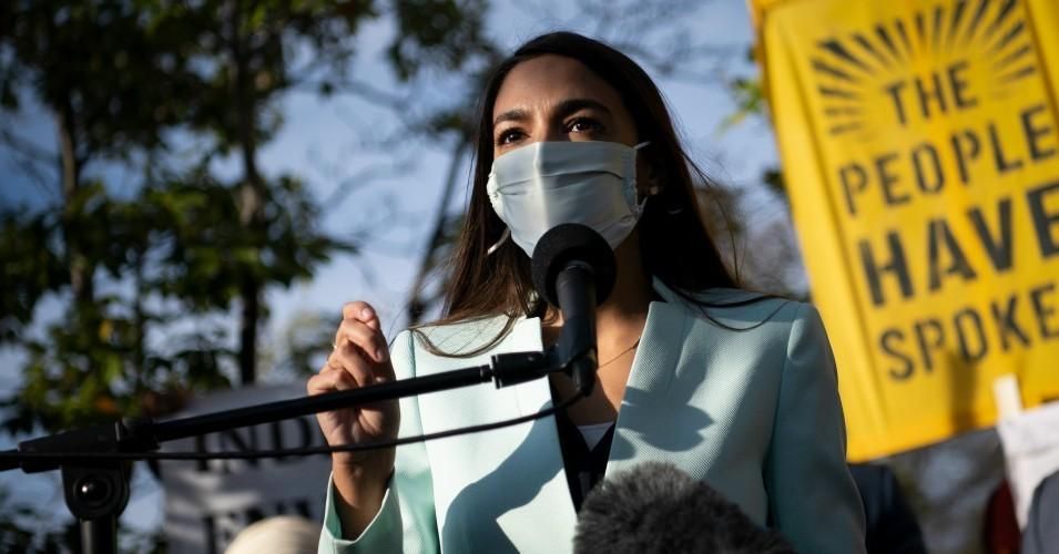 Rep. Alexandria Ocasio-Cortez (D-N.Y.) speaks during a news conference outside of the Democratic National Headquarters in Washington, D.C. on Thursday, November 19, 2020.