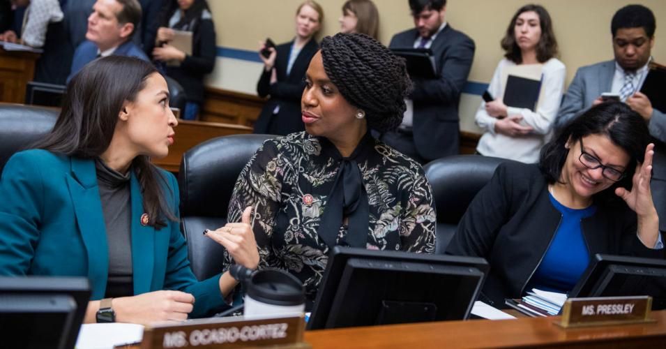 Reps. Alexandria Ocasio-Cortez (D-N.Y.), Ayanna Pressley (D-Mass.), and Rashida Tlaib (D-Mich.) attend a House Oversight and Reform Committee business meeting in Rayburn Building on Tuesday, January 29, 2019.
