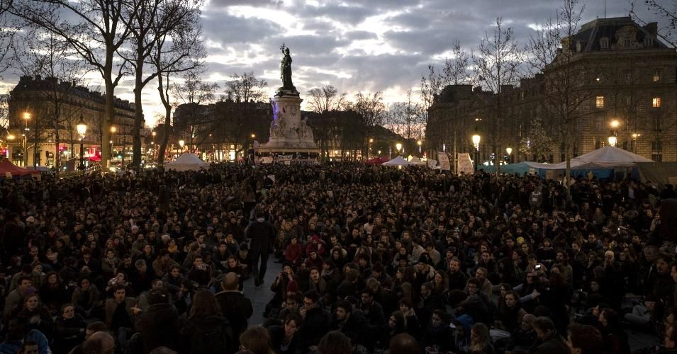 For twelve nights, protesters have occupied central Paris, and beyond, as part of the burgeoning Nuit Debout (or 'Up All Night') movement. Over the weekend protests were held in 60 cities across France, Germany, and Spain. (Photo: Nuit Debout/ Facebook)