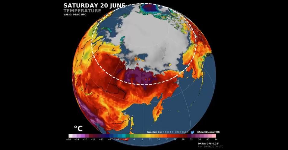 A graphic shows record heat in the Arctic Circle on Saturday, June 20, 2020. (Image: Screengrab\@ScottDuncanWX)