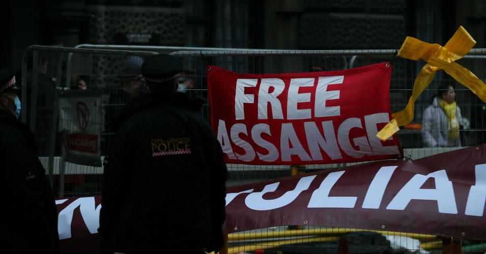 Assange supporters gather outside the court as the Julian Assange extradition verdict is delivered in London on January 4, 2020.