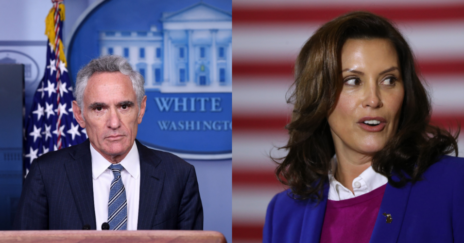White House adviser Dr. Scott Atlas implored Michiganders to "rise up" against new public health measures recently implemented by Gov. Gretchen Whitmer (D) in an effort to curb the ongoing surge of Covid-19 infections. (Photos: Saul Loeb/AFP (L) and Chip Somodevilla (R) via Getty Images)