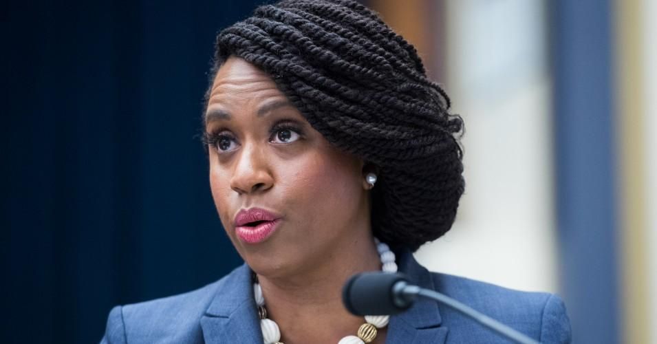 Rep. Ayanna Pressley (D-Mass.) questions Treasury Secretary Steve Mnuchin during a House Financial Services Committee hearing on Wednesday, May 22, 2019. 