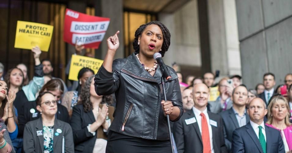 Rep. Ayanna Pressley (D-Mass.) speaks at a rally on October 1, 2018 in Boston. 