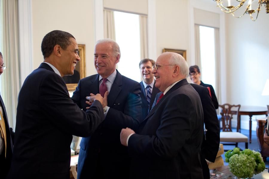President Barack Obama drops by VP Joe Biden's meeting with former Soviet Union President Mikhail Gorbachev in the Vice President's Office, West Wing on March 20, 2009