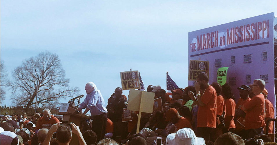 Bernie Sanders speaks to Nissan factory workers during the March on Mississippi