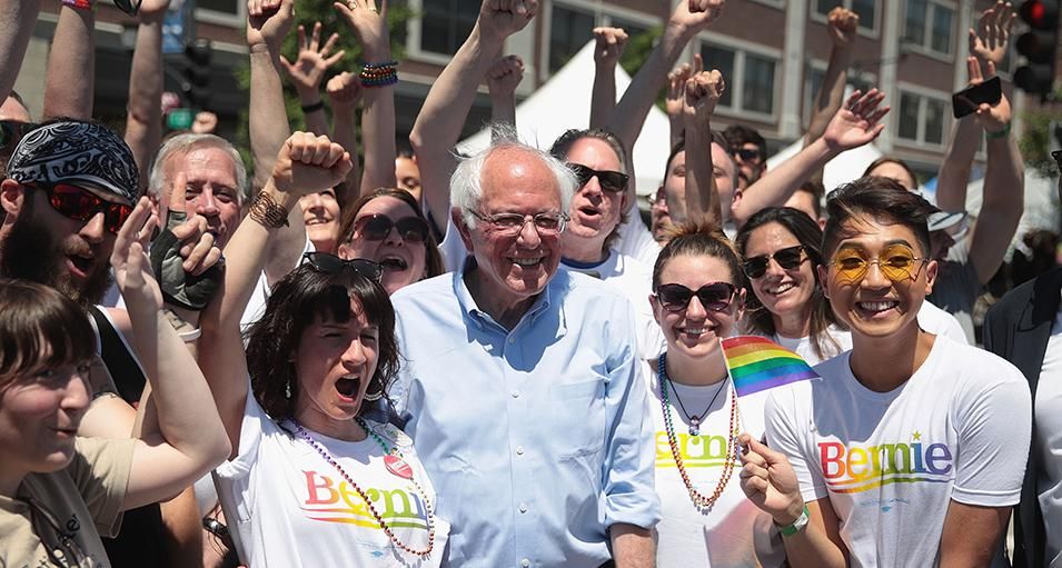 Democratic presidential candidate Senator Bernie Sanders (I-VT) poses for a picture with volunteers following a campaign stop at the Capital City Pride Fest on June 08, 2019 in Des Moines, Iowa. 