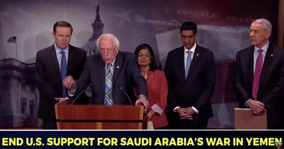 Sen. Bernie Sanders (I-Vt.) speaks during a press conference on January 30, 2019, as Sen. Chris Murphy (D-Conn.) and Reps. Pramila Jayapal (D-Wash.), Ro Khanna (D-Calif.), and Ken Buck (R-Co.) stand around him as a bipartisan group announced reintroduction of a joint Senate and House resolution to end U.S. support for the Saudi-led war in Yemen. (