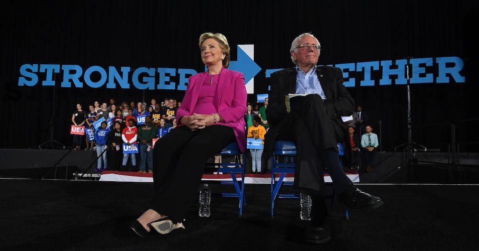 Hillary Clinton and Bernie Sanders campaigning together in 2016. 