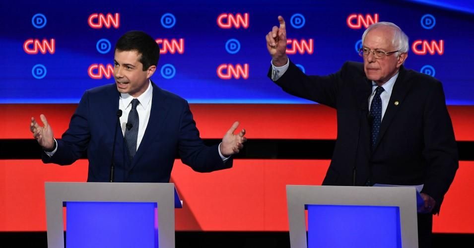 Sen. Bernie Sanders (I-Vt.) and South Bend, Indiana Mayor Pete Buttigieg participate in the first round of the second Democratic primary debate of the 2020 presidential campaign season hosted by CNN at the Fox Theatre in Detroit, Michigan on July 30, 2019.