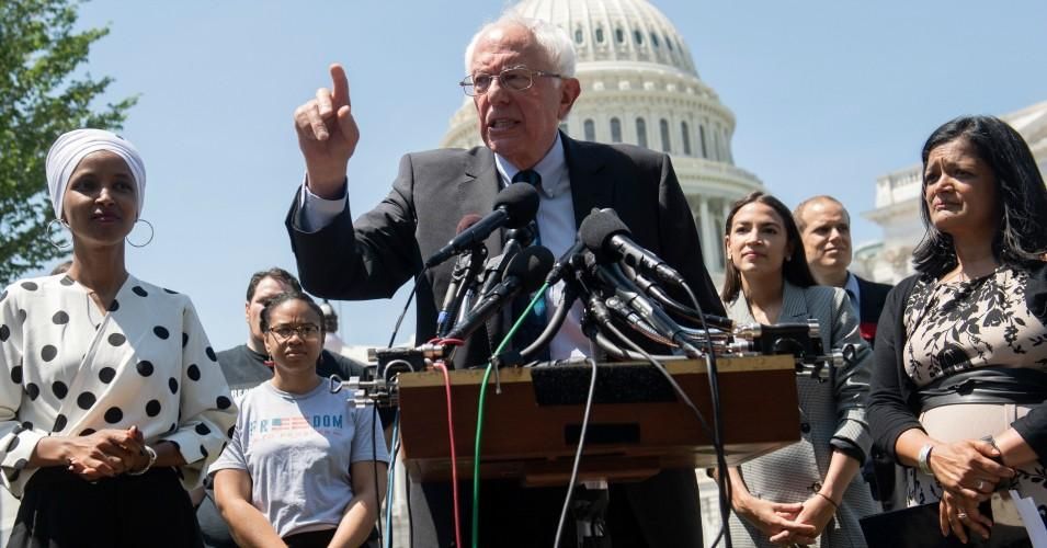 Sen. Bernie Sanders (I-Vt.), Rep. Pramila Jayapal (D-Wash.), Rep. Alexandria Ocasio-Cortez (D-N.Y.), and Rep. Ilhan Omar (D-Minn.) hold a press conference to introduce college affordability legislation outside the U.S. Capitol in Washington, D.C. on June 24, 2019. (Photo: Saul Loeb/AFP/Getty Images)