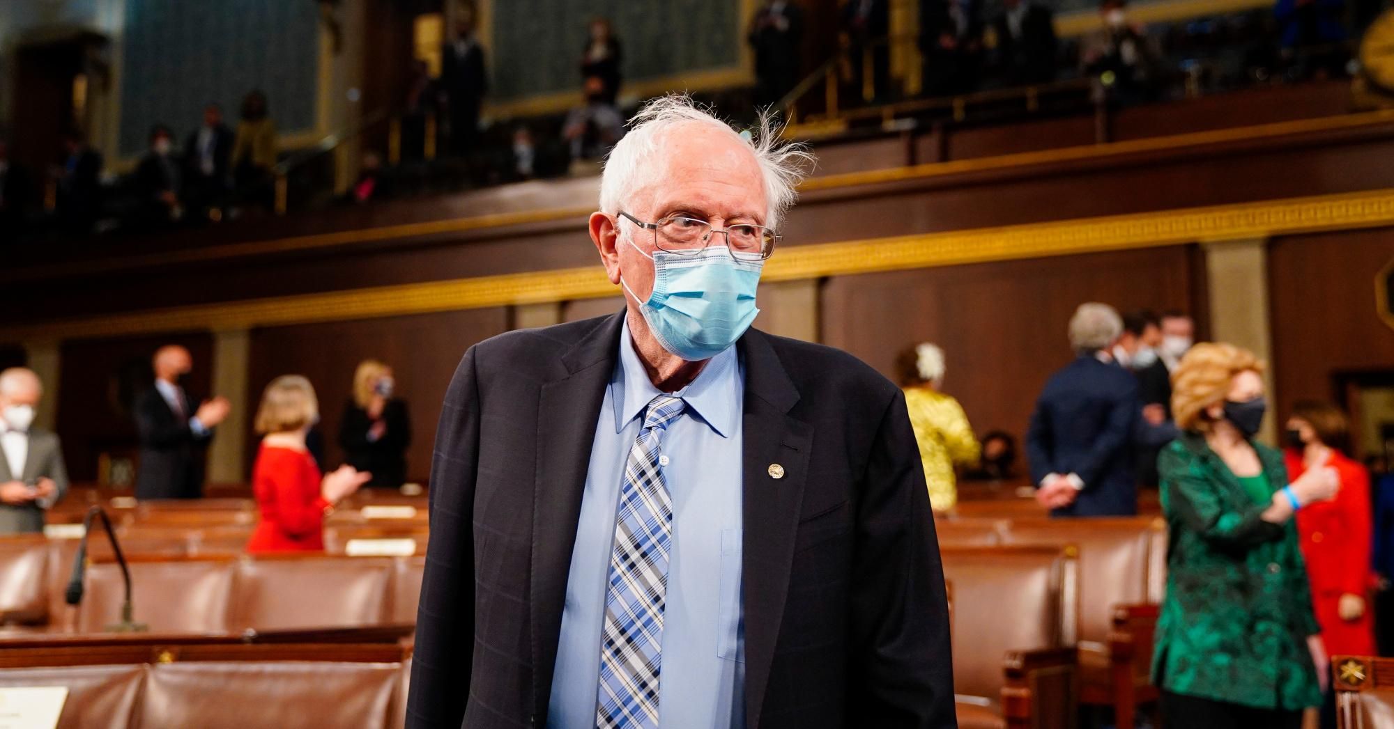 Sen. Bernie Sanders (I-Vt.) arrives before President Joe Biden addresses a joint session of Congress in the House chamber of the U.S. Capitol April 28, 2021 in Washington, D.C.