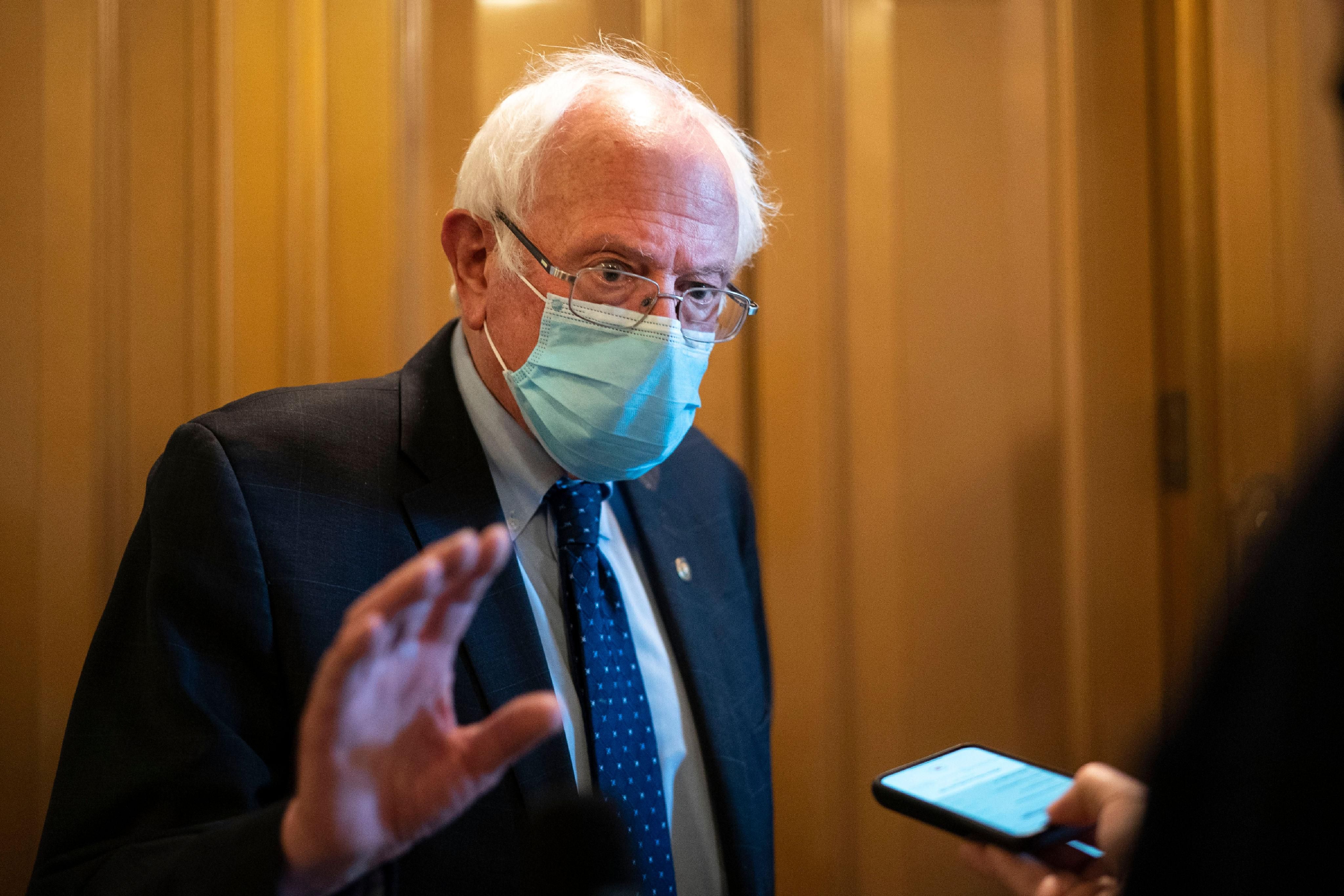 Sen. Bernie Sanders (I-Vt.) speaks to reporters following a vote at the U.S. Capitol on April 12, 2021 in Washington, D.C.