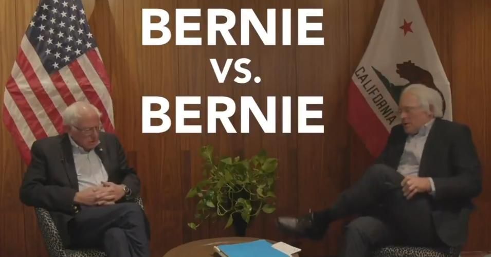 Sponsored by the Sanders campaign, the exchange between the two political heavyweights included discussion of the need for long socks—"You never know when the weather could turn!" declared one Bernie—and other "revolutionary plans" like national rent control to end the issue of leaking sinks. (Screenshot: Underculture/BernieSanders)