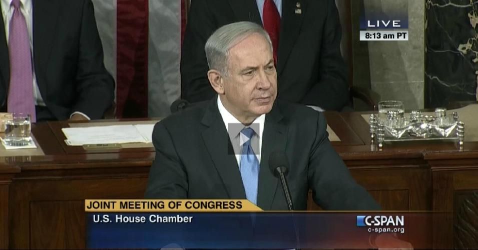 Israel Prime Minister Benjamin Netanyahu addresses a joint session of Congress on Tuesday, March 3, 2015. (Screenshot via CSPAN)