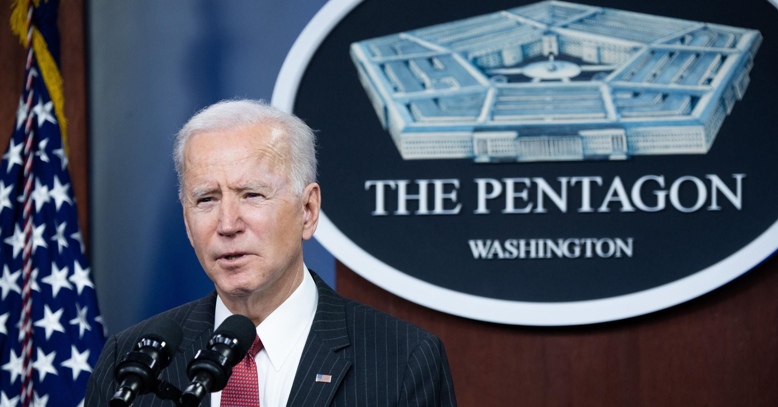 President Joe Biden speaks during a visit to the Pentagon in Washington, D.C. on February 10, 2021.