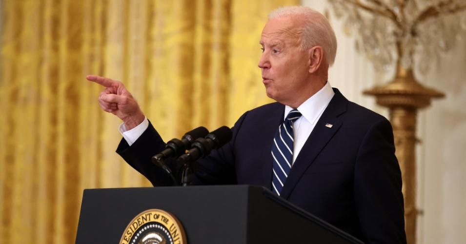 U.S. President Joe Biden talks to reporters during the first news conference of his presidency in the East Room of the White House on March 25, 2021 in Washington, D.C. (Photo: Chip Somodevilla/Getty Images)