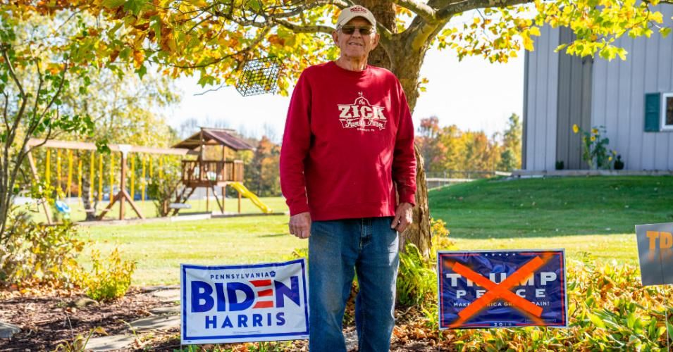 Farmer Richard Zick, an 82 year-old supporter of Biden, stands next to presidential signs on his front lawn on October 9, 2020 in Kingsley, Pennsylvania. (Photo: Robert Nickelsberg/Getty Images)