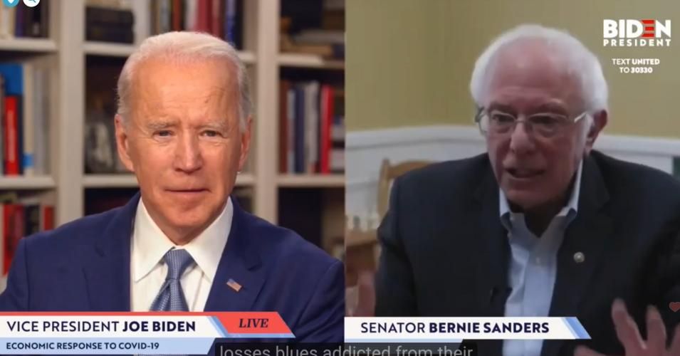 Joe Biden and Bernie Sanders on a livestream hosted on Periscope on Monday, April 13, 2020. (Screenshot: BernieSanders.com)