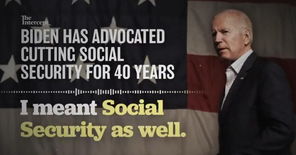 Screenshot of new Bernie Sanders campaign video featuring former vice president Joe Biden's long history of advocating for and being will to make cuts and cost of living adjustments to Social Security. (Image: Underlying photo Gage Skidmore/with overlay)