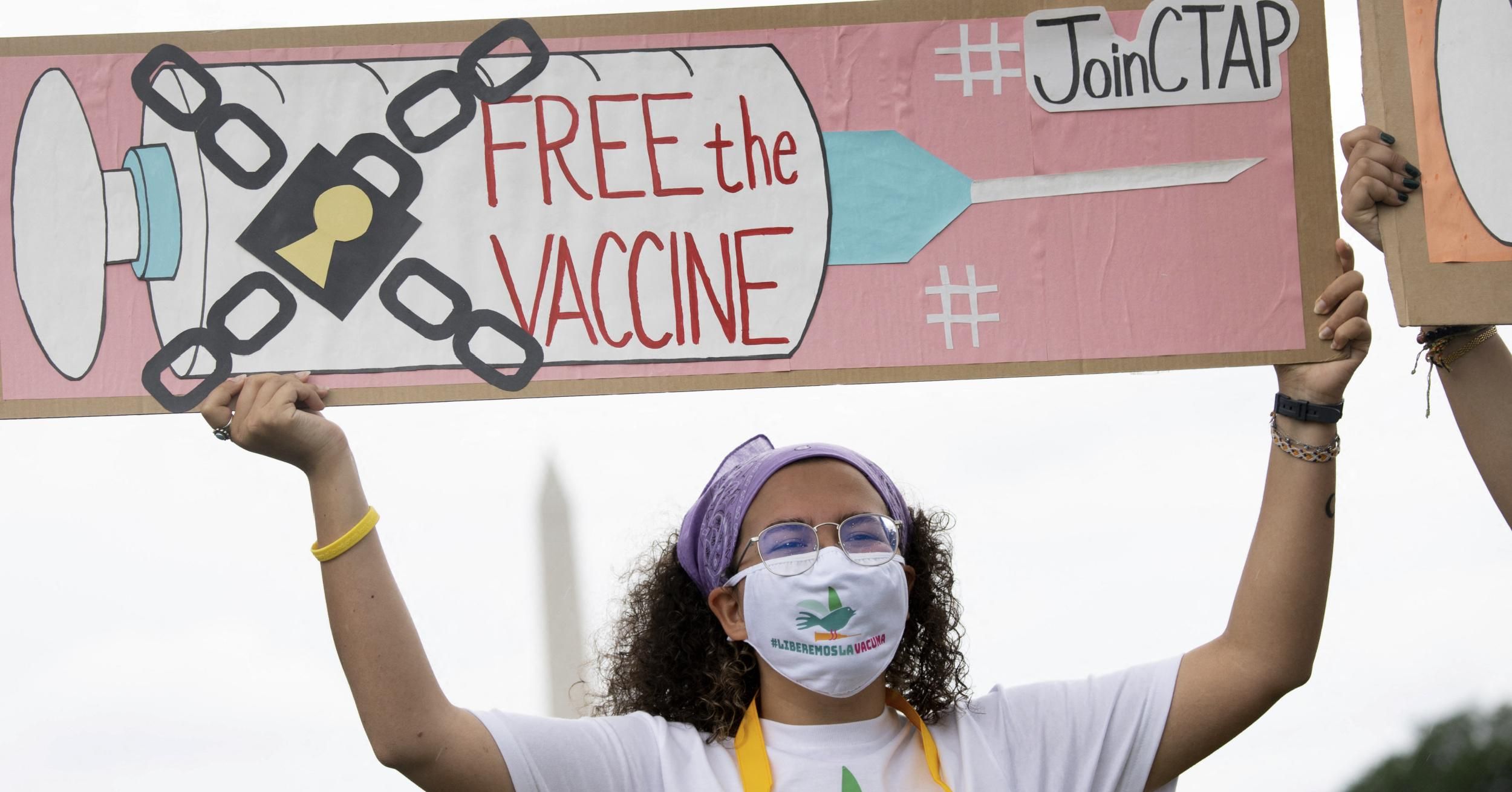 Demonstrators hold a rally to "Free the Vaccine," calling on the U.S. to commit to a global coronavirus plan that includes sharing formulas with the world to help ensure that every nation has access to a vaccine, on the National Mall in Washington, D.C., on May 5, 2021. Shortly after the rally kicked off, the Biden administration announced its support for a global waiver on patent protections for Covid-19 vaccines, and said it will negotiate the terms at the World Trade Organization. (Photo: Saul Loeb / AFP