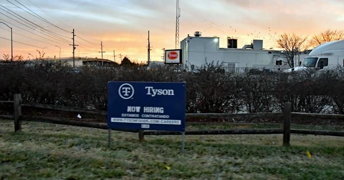View of a sign outside a Tyson Fresh Meats production plant in Emporia, Kansas, on January 8, 2020. 