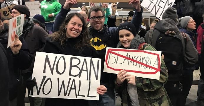 Protesters at Philadelphia International Airport on Sunday denounced President Donald Trump's executive order banning people born in several Muslim-majority countries from entering the United States. (Photo: @brandybones/Twitter)