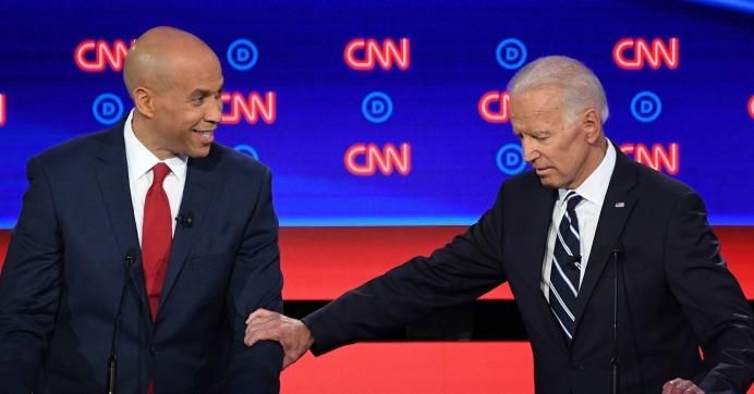 Democratic presidential hopefuls Senator from New Jersey Cory Booker (L) and Former Vice President Joe Biden participate in the second round of the second Democratic primary debate of the 2020 presidential campaign season