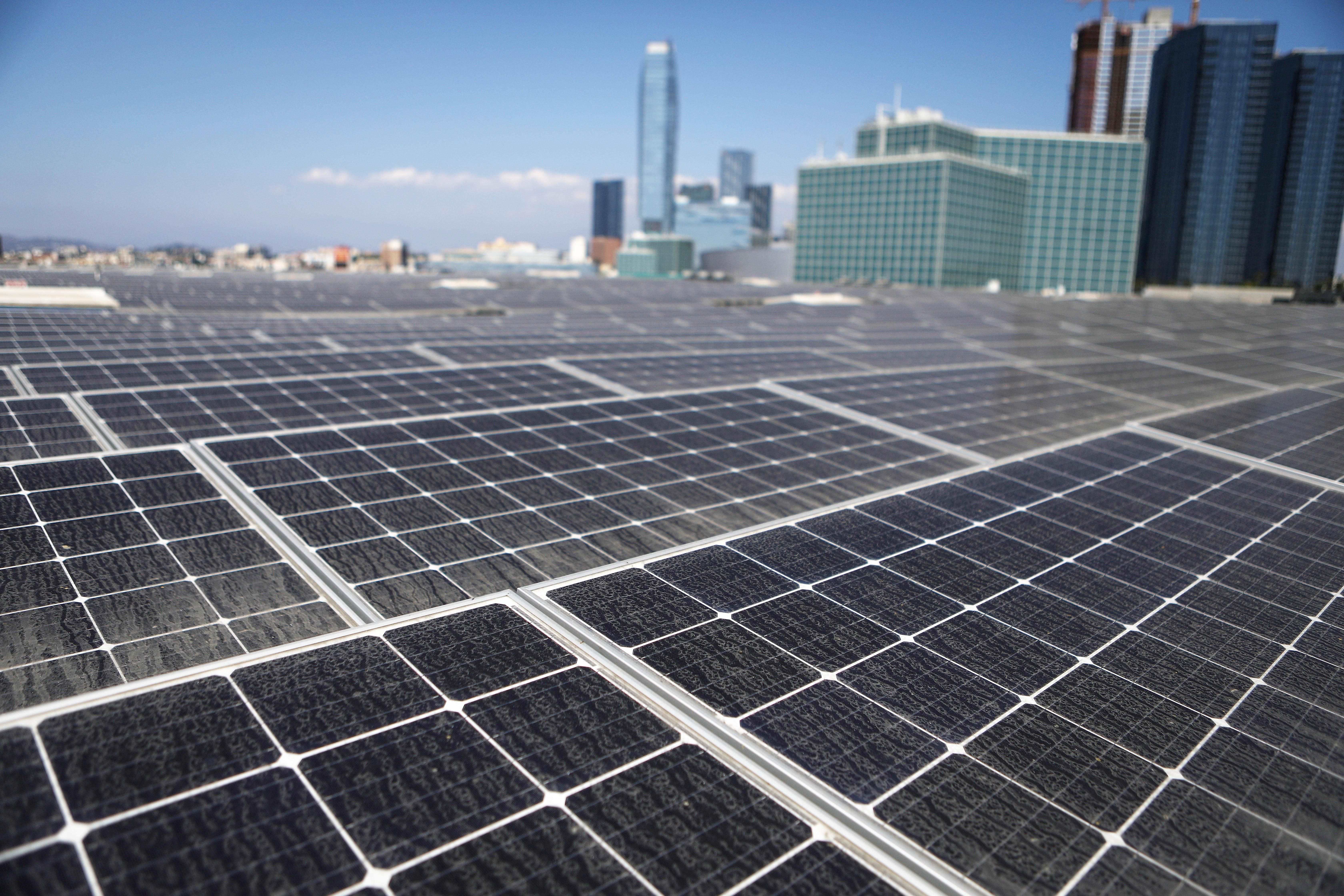 Solar panels are mounted atop the roof of the Los Angeles Convention Center